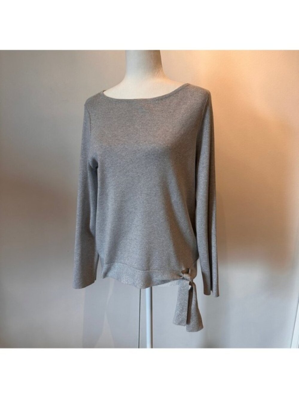 Chico's Heather Gray Metallic Boatneck Tie-Hem Sweater Size 1